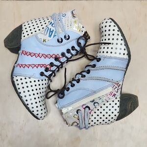 TMA EYES Maia Polka Dot Light Blue White Leather Women 6.5 Ankle Boots Zipper